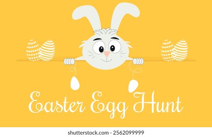 Happy Easter, Easter egg hunt. White hare, rabbit on yellow background. Vector illustration