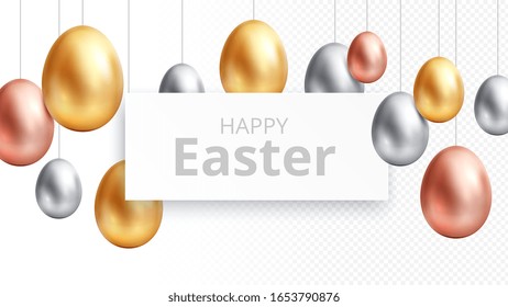 Happy easter. Egg hunting banner, celebrating poster with hanging gold eggs. Isolated springtime festive religion elements, greetings vector background