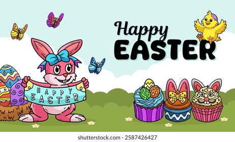 Happy Easter Egg Hunting Poster Horizontal Banner 