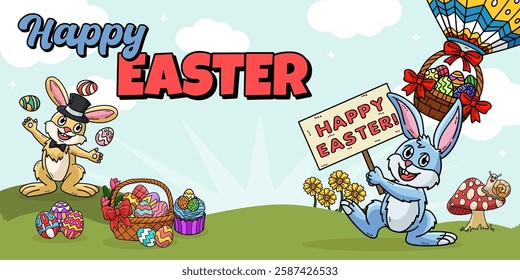 Happy Easter Egg Hunting Poster Panoramic Banner 