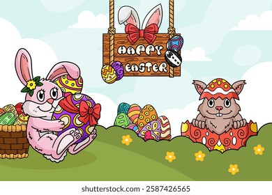 Happy Easter Egg Hunting Poster Horizontal Banner 