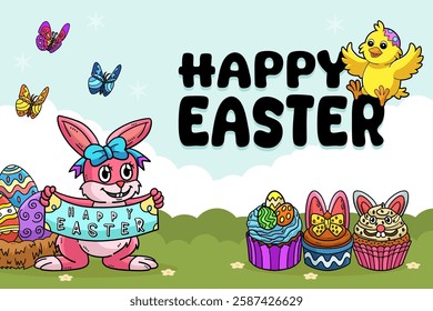 Happy Easter Egg Hunting Poster Horizontal Banner 