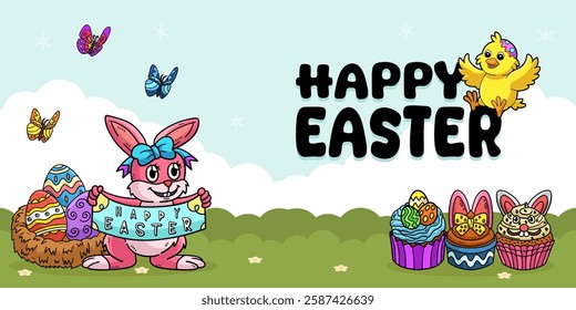 Happy Easter Egg Hunting Poster Panoramic Banner 