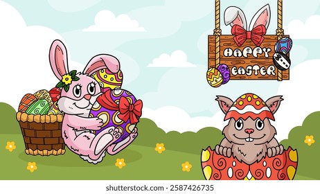 Happy Easter Egg Hunting Poster Panoramic Banner 