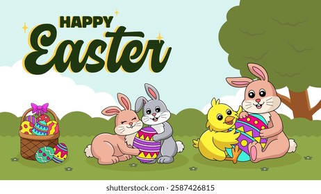 Happy Easter Egg Hunting Poster Panoramic Banner 