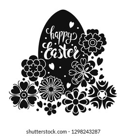 Happy Easter Egg Lettering. Easter Egg in Flowers. Black and White Illustration. Vector illustration EPS10 
