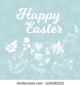 Happy Easter Egg lettering on seamless background. Greeting card in blue tones.