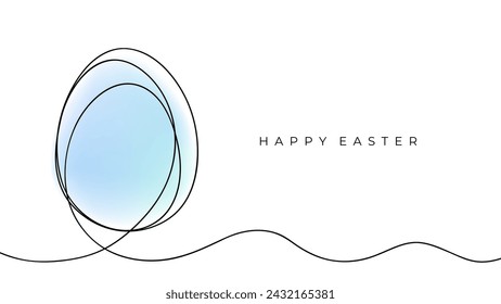 Happy Easter. Egg line art. Continuous black line and blue colored blurred egg shape. Festive background for Easter holiday greetings and invitations. Vector illustration.