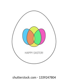Happy Easter egg linear icon. Thin line illustration. Logo made from three colored intersecting eggs inside the big whine egg on white background. Vector isolated outline drawing