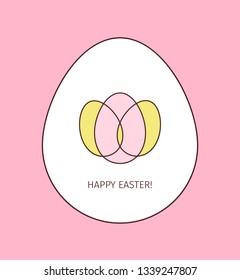 Happy Easter egg linear icon. Thin line illustration. Logo made from three colored intersecting eggs inside the big whine egg on pink background