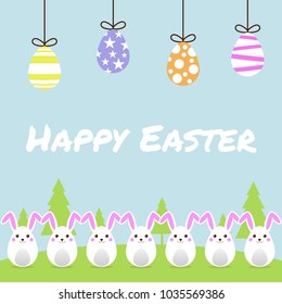 Happy Easter Egg and Little Bunny on green grass and blue sky for Easter greeting card, invitation, Vector illustration EPS10