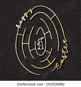 Frohe Ostereier Maze Glossy Gold Logo als Ei Form Labyrinth Bunny Kaninchen und Letting Komposition - Golden auf schwarzem Hintergrund - handgezeichnetes Doodle Design