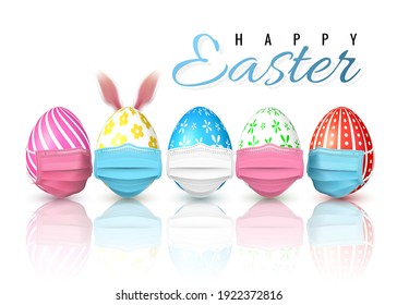 Happy Easter. Easter Egg In Medical Face Mask On White Background. Vector Illustration.