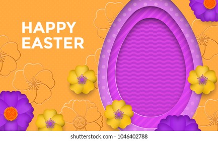 Happy Easter egg on flower pattern background. Vector floral papercut design for Easter greeting card, poster or sale web banner