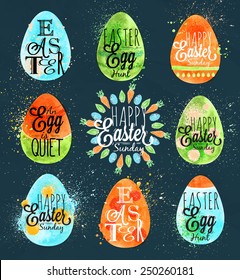 Happy easter egg painted pastel colored kids style on a dark blue background