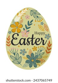 Happy easter. Easter egg painted with spring fantasy flowers, leaves and twigs. Vector.