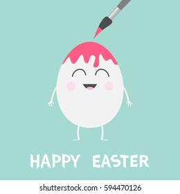 Happy Easter. Egg With Painting Brush. Smiling Face. Paintbrush With Paint Drop. Cute Cartoon Character Set. Friends Forever Greeting Card Flat Design Blue Pastel Color Background. Vector Illustration