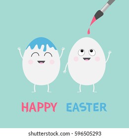 Happy Easter Egg Painting brush. Smiling face. Paintbrush with paint drop. Cute cartoon character set. Friends forever Greeting card Flat design Blue pastel color background. Vector