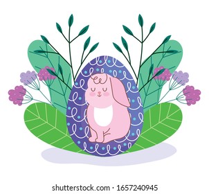 happy easter egg painting with bunny flowers leaves nature decoration vector illustration