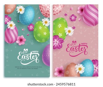 Happy easter egg poster vector set. Happy easter greeting postcard collection with colorful printed eggs and cute flowers elements. Vector illustration easter greeting card collection.
