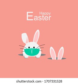 Happy Easter. Easter egg with rabbit ear in medical face mask on white background. Vector illustration
