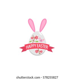 Happy easter egg with ribbon and bunny ears flat icon, religion & holiday elements, egg with flowers & butterfly, a colorful solid pattern on a white background, eps 10.