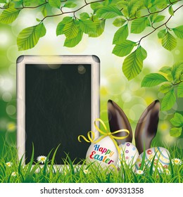 Happy easter egg with ribbon in the green nature. Eps 10 vector file.