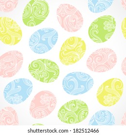 Happy Easter egg seamless background. Vector bright spring pattern. Holiday background lacy surface texture. Ornamental wallpaper.