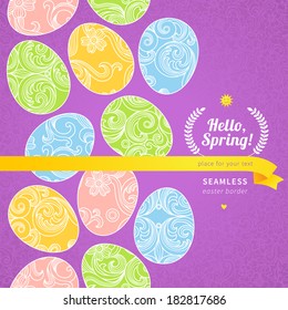 Happy Easter egg seamless border with hipster label. Floral elements, ribbons, bunny and place for your text. Template for easter card. Vector Illustration.Easter rabbit. Vector bright spring pattern.