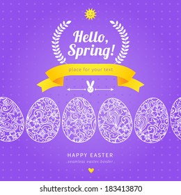 Happy Easter egg seamless border with hipster label. Floral elements, ribbons, bunny and place for your text. Template for easter card. Vector Illustration.Easter rabbit. Vector bright spring pattern.