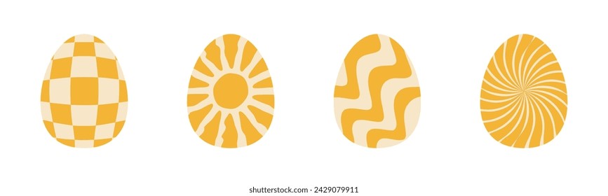 Happy Easter egg set. Groovy retro waves, checkerboard, sunburst starburst with ray of light pattern. Background set with sun in 60s, 70s hippie style. Trendy colorful graphic print Flat design Vector
