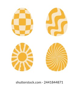 Happy Easter egg set. Groovy retro checkerboard, waves, sunburst starburst with ray of light pattern. Background set with sun in 60s, 70s hippie style. Trendy colorful graphic print Flat design Vector