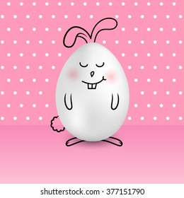 Happy Easter egg in a shape of cute happy smiling bunny on colored pink dotted background