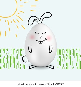 Happy Easter egg in a shape of cute happy smiling bunny on white  background with hand drawn sun and grass