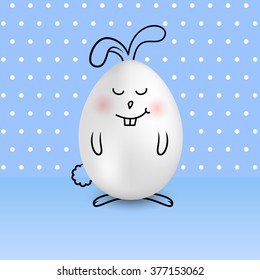 Happy Easter egg in a shape of cute happy smiling bunny on colored blue dotted background