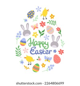 Feliz Pascua, ilustración de forma de huevo. Flores de primavera coloridas, conejito, pollitos, huevos en el afiche, tarjeta de saludo. Ilustración del vector