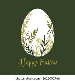 Happy Easter egg shape with nature plants ornaments pattern isolated on green background. Vector illustration.