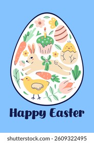 Happy Easter Egg Shape Pattern With Bunny, chicken And Flowers. Design with text on blue background. Greeting hand drawn card. Flat illustration with partial outline. Vector illustration.