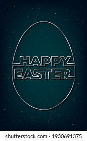 Happy Easter Egg Shape Silver Metallic Future Space Style Logo Lettering as Greeting Creative Concept - Chrome on Turquoise Night Sky Illusion Background - Vector Mixed Graphic Design