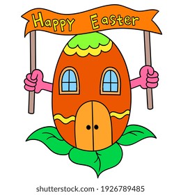 happy easter egg shaped house celebration. carton emoticon. doodle icon drawing, vector illustration