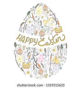 happy easter egg silhouette with color doodles vector isolated 