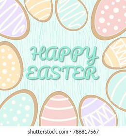 Happy Easter Egg Sugar Cookies on Wooden background, Pastel color, Vector illustration.