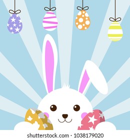 Happy Easter Egg surprise and Cute Bunny on blue background for Easter greeting card, invitation, Vector illustration EPS10