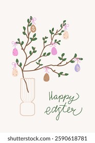 Happy Easter egg tree card. Trendy greeting card with Easter centerpiece table decoration. Minimalistic and elegant vector design with hand drawn calligraphy