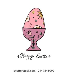 Happy Easter egg trendy cute lettering typographic vector postcard composition with sign, spring holiday elements. Good for cards, flyer, leaflet, product label, social networks and more. Set of boho