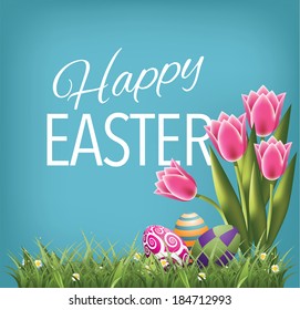 Happy Easter egg and tulips greeting card EPS 10