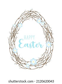 Happy Easter egg from twigs with blue flowers and an inscription, brush branch, postcard, isolated, on a white background. Vector illustration
