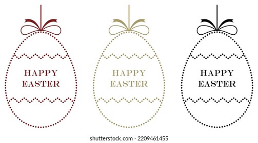 Happy Easter Egg vector set. Abstract dotted outline eggs with greeting. White isolated background.
Three Happy Easter contour eggs in dark red, Gold, Black.
