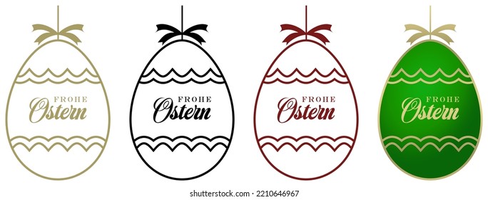 Happy Easter Egg vector set. Outline eggs with gift ribbon and german greeting. White isolated background.
Easter eggs in dark red, Gold, Black and green.
Translation: Frohe Ostern is Happy Easter.