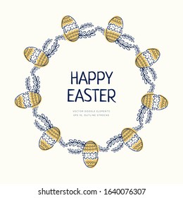 Happy Easter egg wreath doodle. Vector drawings set isolated on white background. Template with hand drawn element. Social media post.